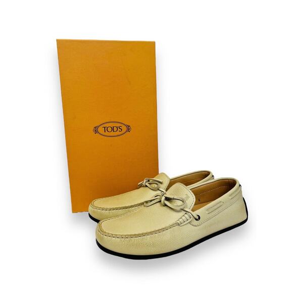 TOD’S Beige Grained Leather Bow Accent Lacetto Gomma Flats Loafers Size 6 - Picture 4 of 12